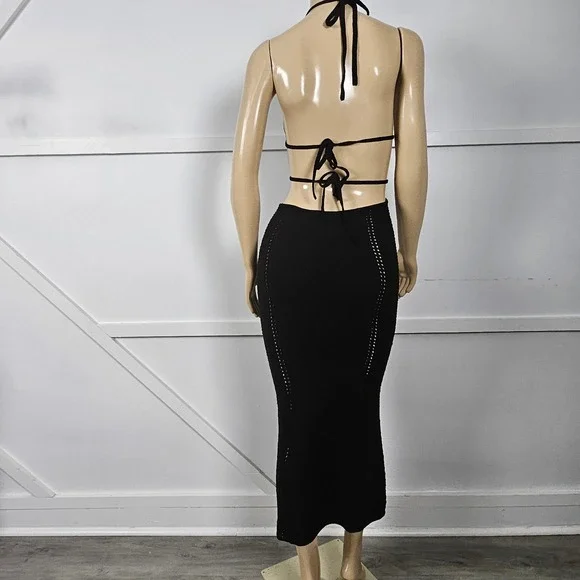 Babyboo Arabella Black Crochet Knit Halter Midi Dress Side Cutouts Women Small - Picture 5 of 11